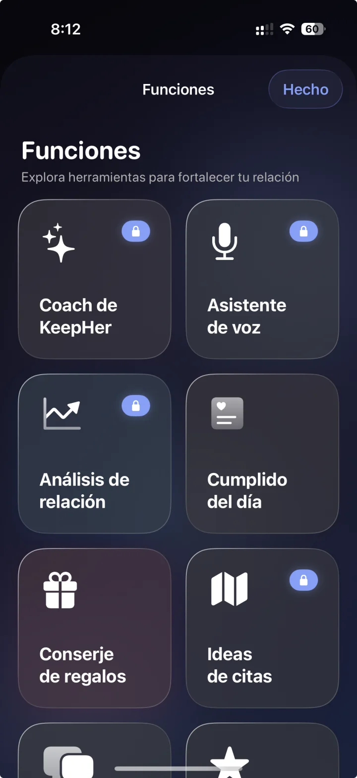 KeepHer relationship tools and features screen