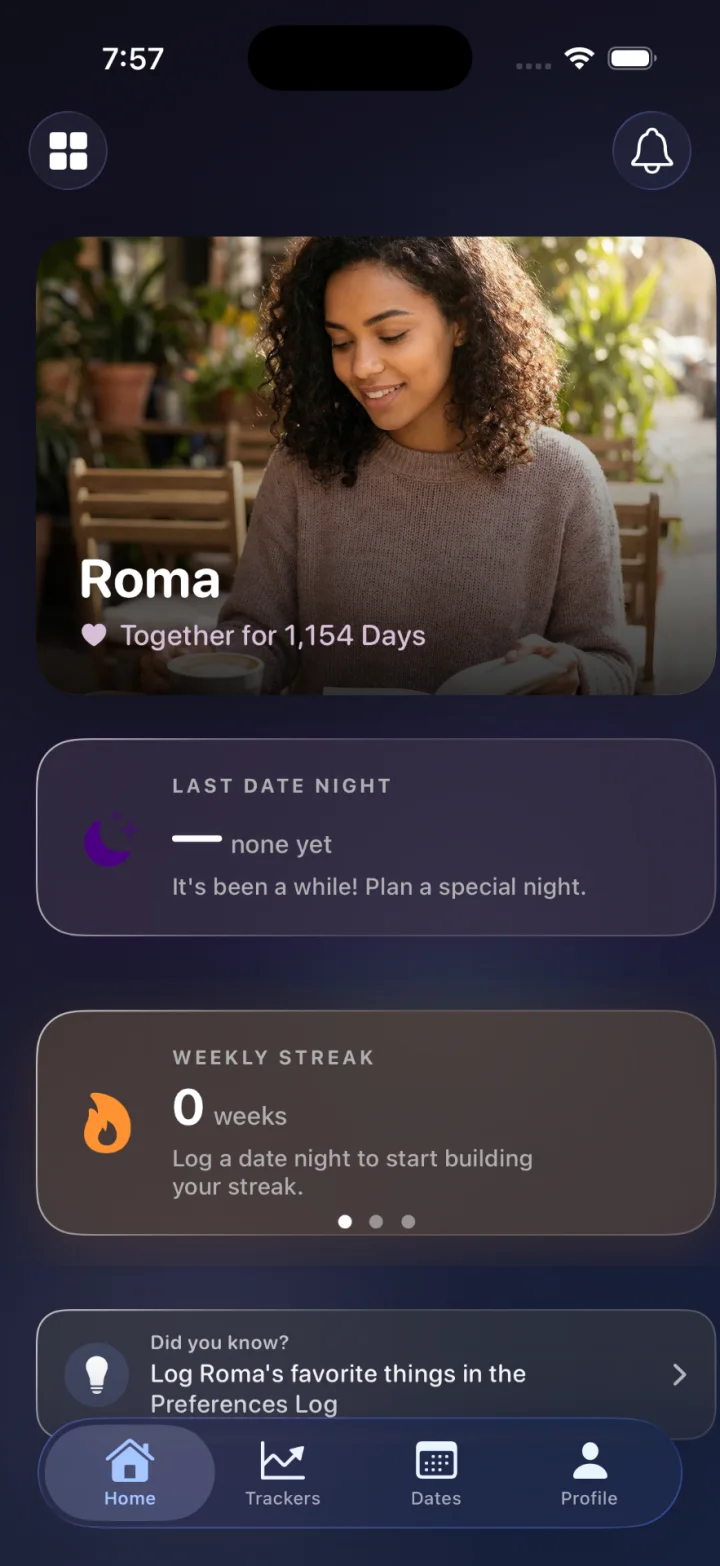 KeepHer home dashboard showing relationship milestones and date-night tracking
